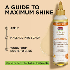 African Pride Moisture Miracle hair shine shot emphasizes natural gloss and smoothness.