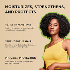 African Pride Moisture Miracle ingredients closeup highlights argan and coconut oils for shine