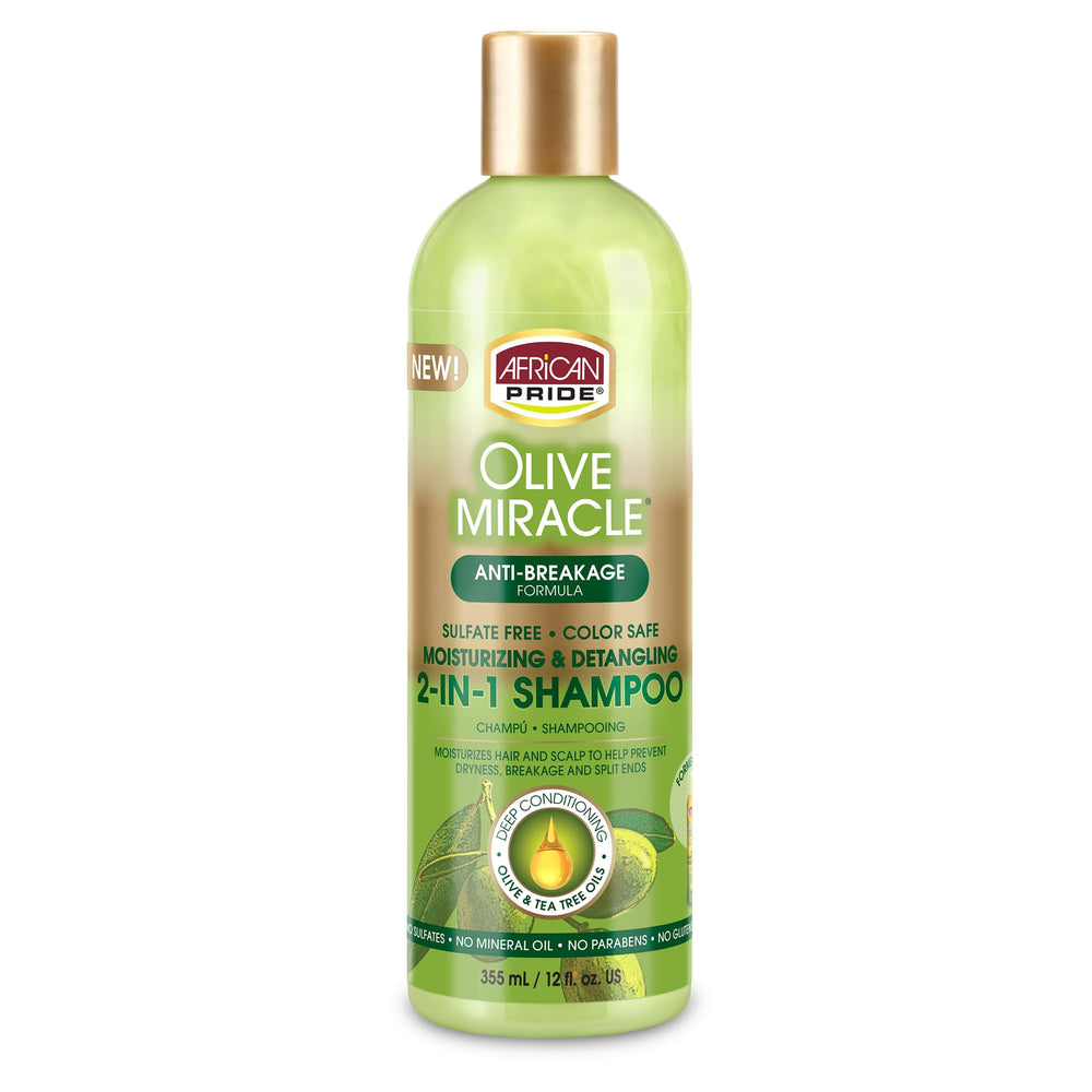 African Pride Olive Miracle 2 en 1 : flacon hydratant pour cheveux bouclés.