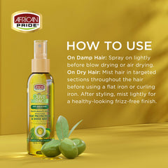 African Pride Olive Miracle spray demonstrates humidity defense for frizz control