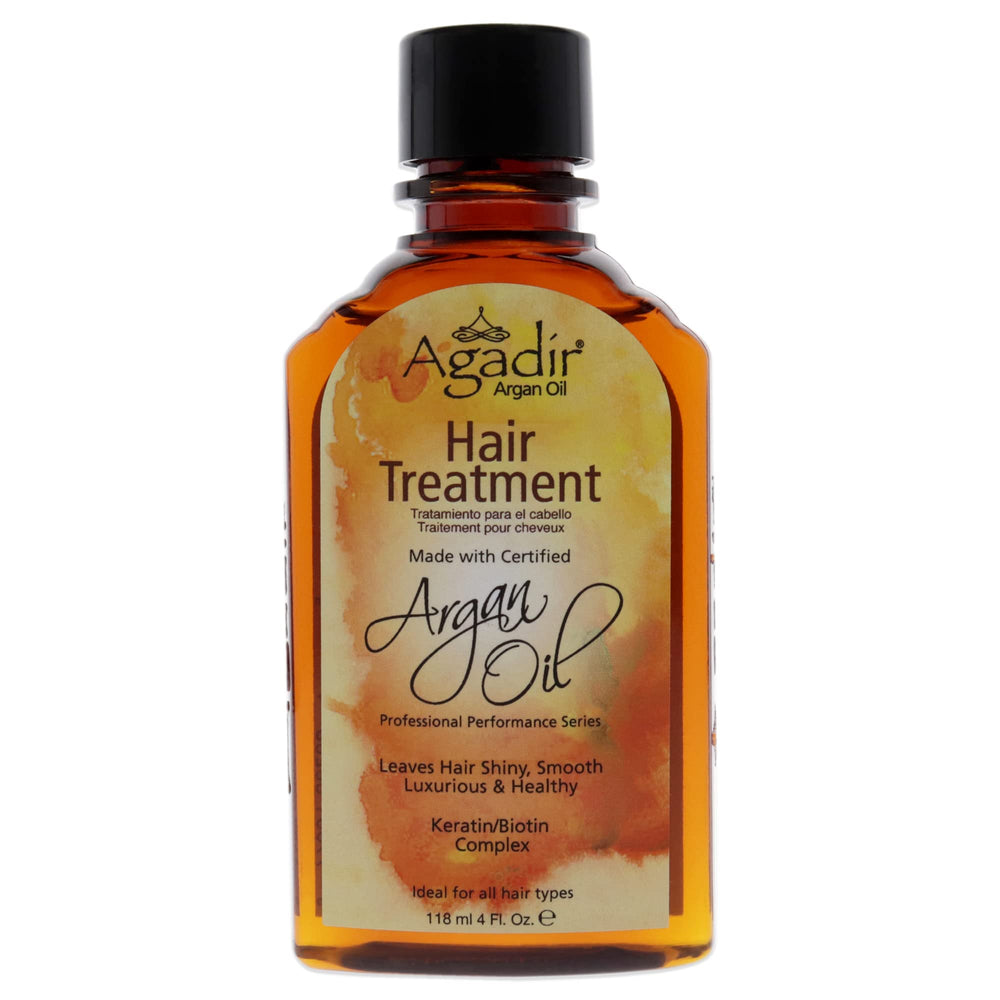 Agadir Argan Oil Hair Treatment bottle promotes hydrating shine.