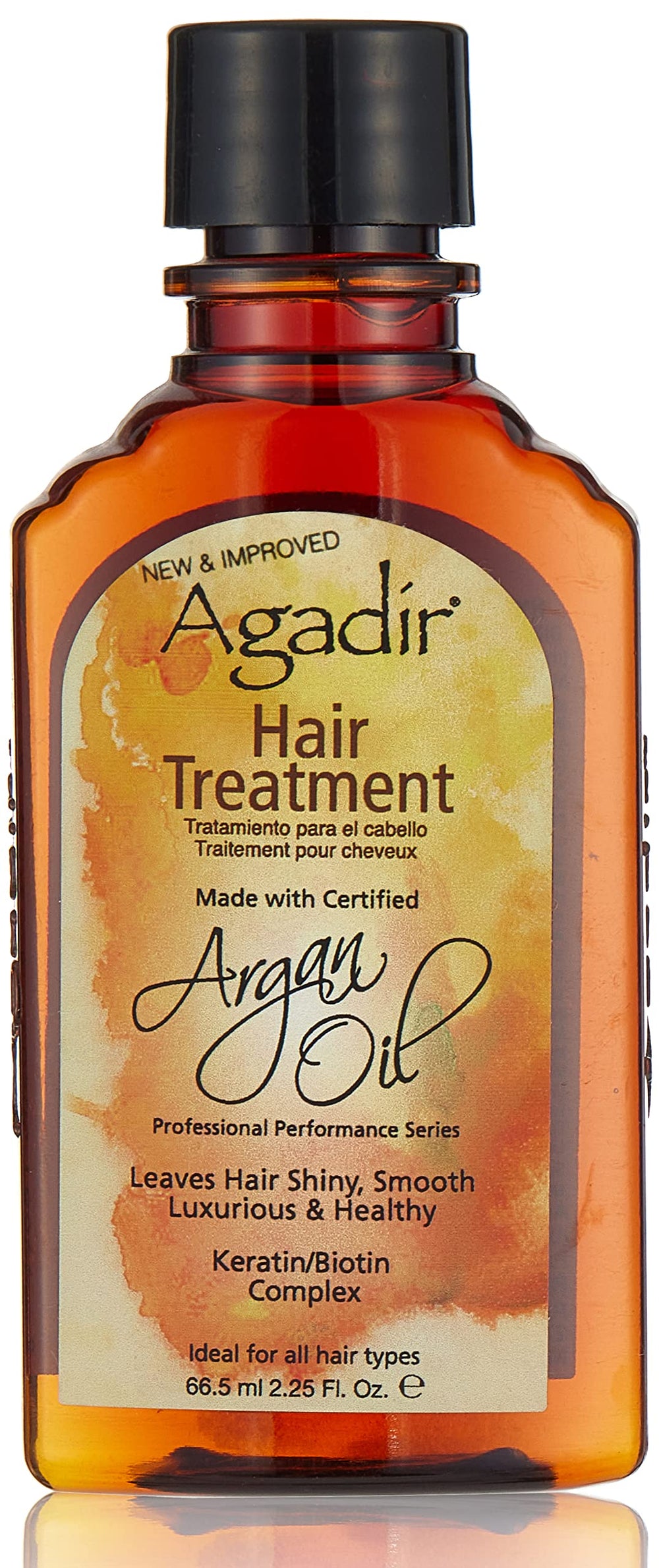 Agadir Argan Oil Hair Treatment bottle close-up shows radiant shine and smoothness.