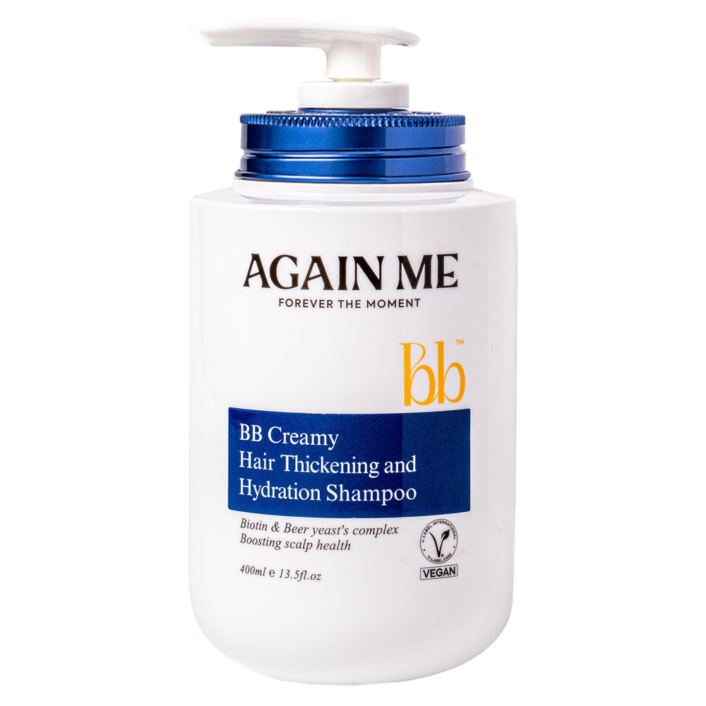 Again me hair thickening shampoo bottle boosts fullness and scalp health.