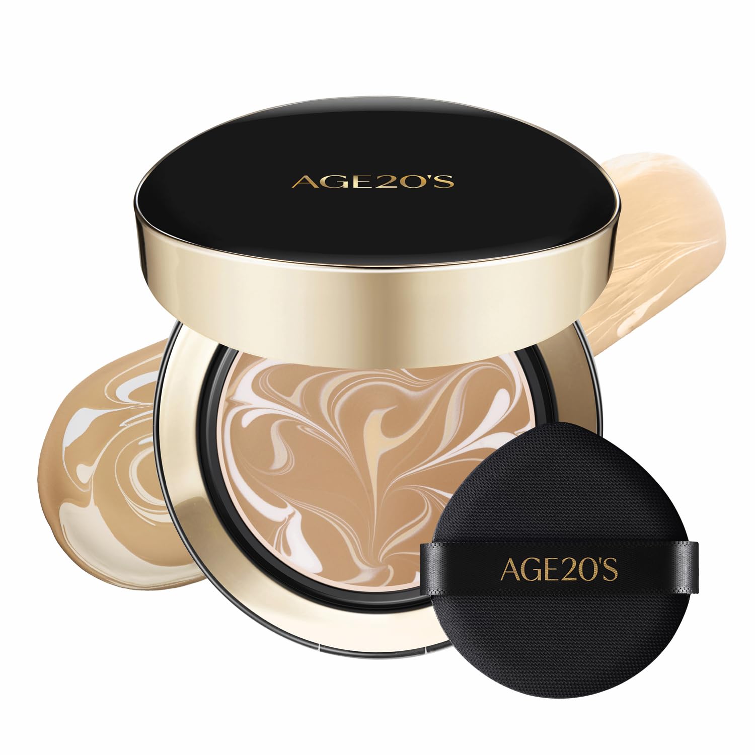 AGE 20's Signature Essence Pact bottle closeup shows a radiant, lightweight finish with SPF 50+ protection