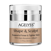 Agelyss Shape & Sculpt bottle pump delivering smooth cream for firm, hydrated skin