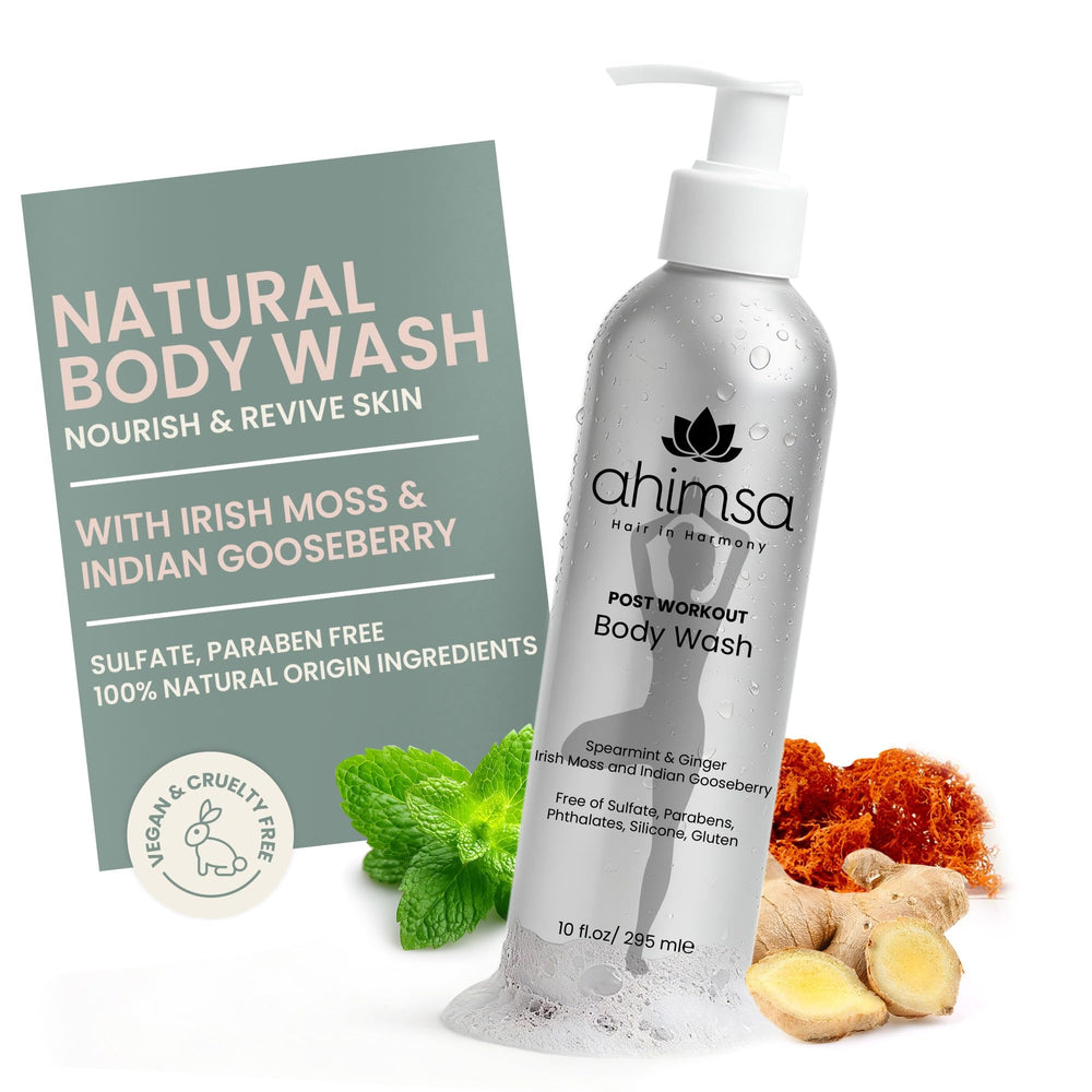 Ahimsa natural body wash bottle demonstrates gentle cleansing for all skin types.