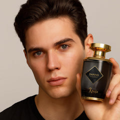 AHUJA Daring bottle on vanity, premium masculinity in presentation.