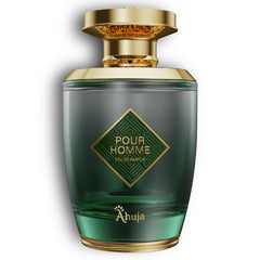 AHUJA Pour Homme bottle cap close-up showing premium design for everyday wear