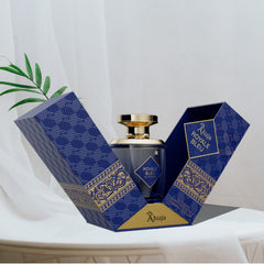 AHUJA Royal Bleu bottle side view highlighting premium packaging for gifting.
