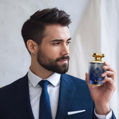 AHUJA Royal Bleu spray action captures citrus brightness and subtle projection.