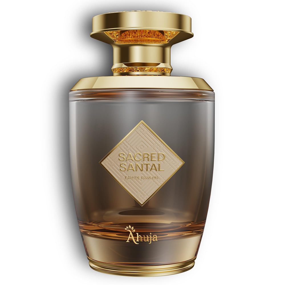 AHUJA Sacred Santal bottle front view highlights sandalwood base for lasting warmth.