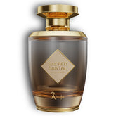 AHUJA Sacred Santal bottle front view highlights sandalwood base for lasting warmth.