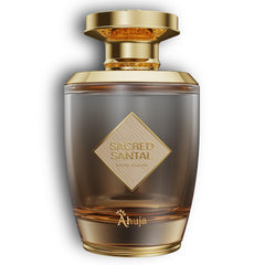 AHUJA Sacred Santal bottle front view highlights sandalwood base for lasting warmth.