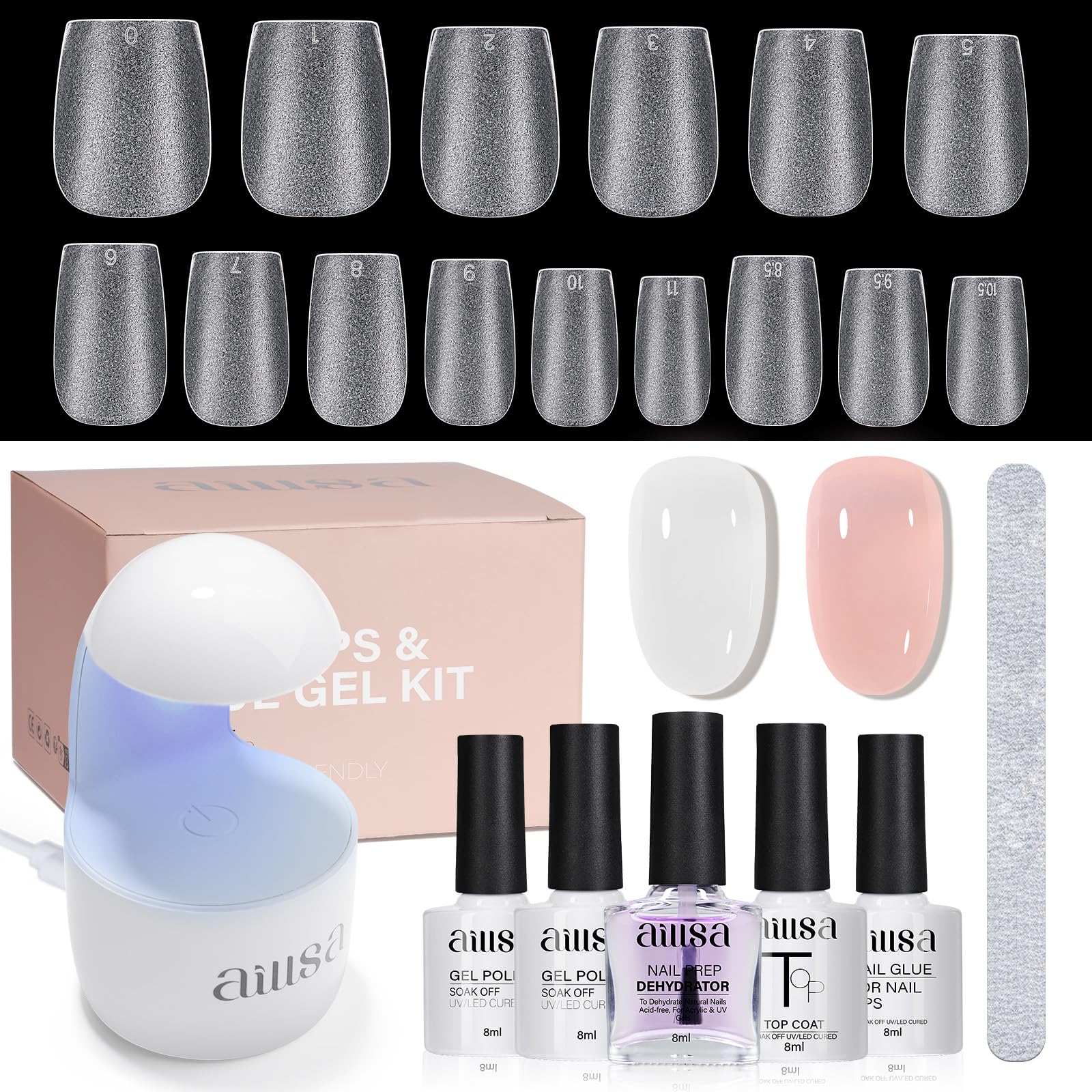 AILLSA extra-short coffin nail tips kit contents shown for a complete at-home manicure.