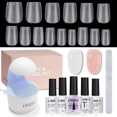 AILLSA extra-short coffin nail tips kit contents shown for a complete at-home manicure.