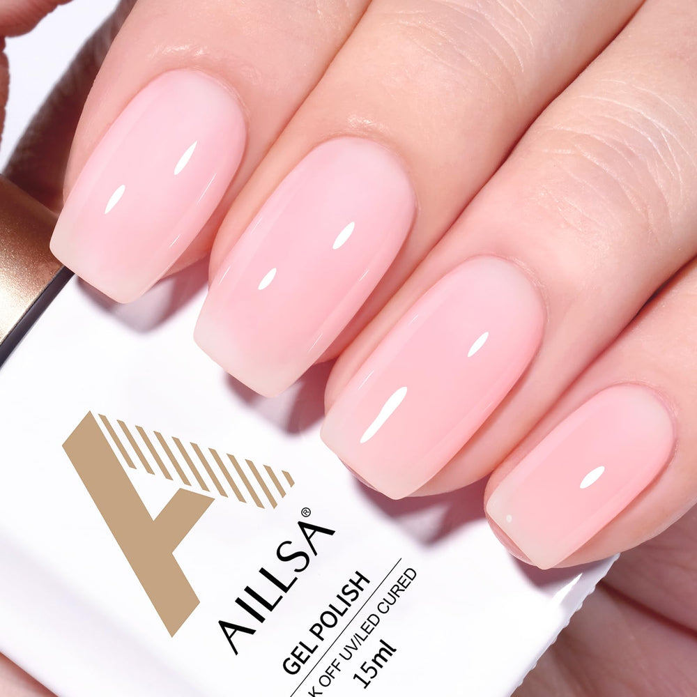 AILLSA milky-pink gel-nail-polish bottle for a sheer nude manicure.