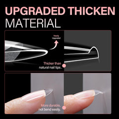 Close-up of 0.3mm thickened soft gel tips showing durability.