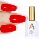 AILLSA Red gel nail polish bottle close-up showing vibrant, long-lasting color for salon-worthy nails.