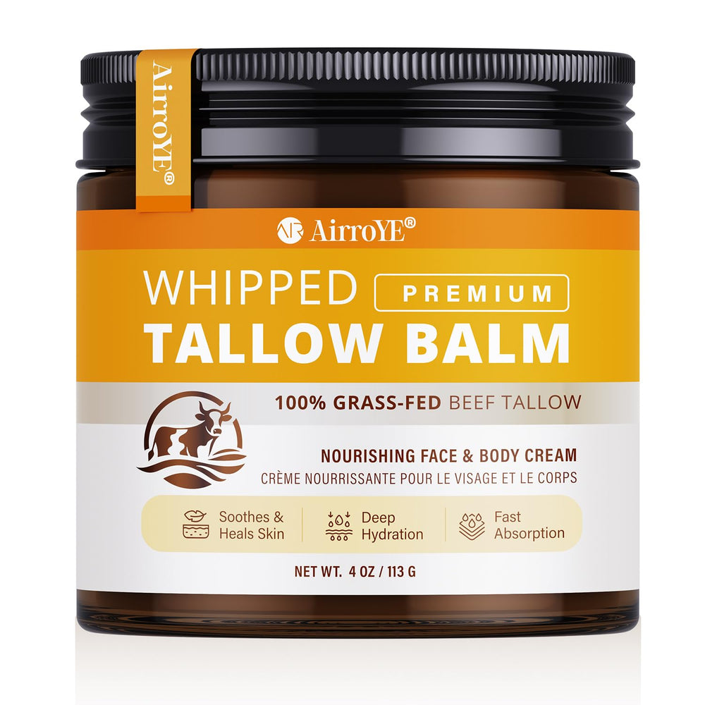 AirroYE grass-fed beef tallow balm jar showing whipped texture for deep hydration