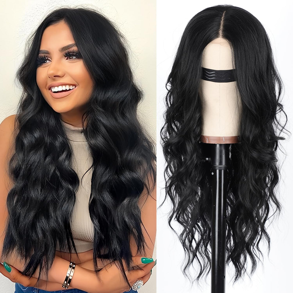 AISI HAIR black 26-inch long wavy wig with lace hairline for natural everyday wear.