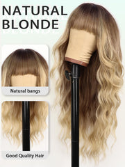 AISI HAIR blonde wig with bangs, long and wavy on model, full length.