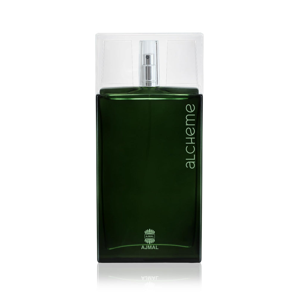 Ajmal Alcheme bottle front view showing masculine woody-spicy profile