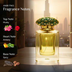 Ajmal Amir Two amber-musky note reveals warm, oriental richness for evening wear.