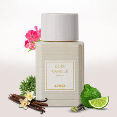 Ajmal Cuir Vanille bottle front showcases bold leather and vanilla for a lasting masculine presence.