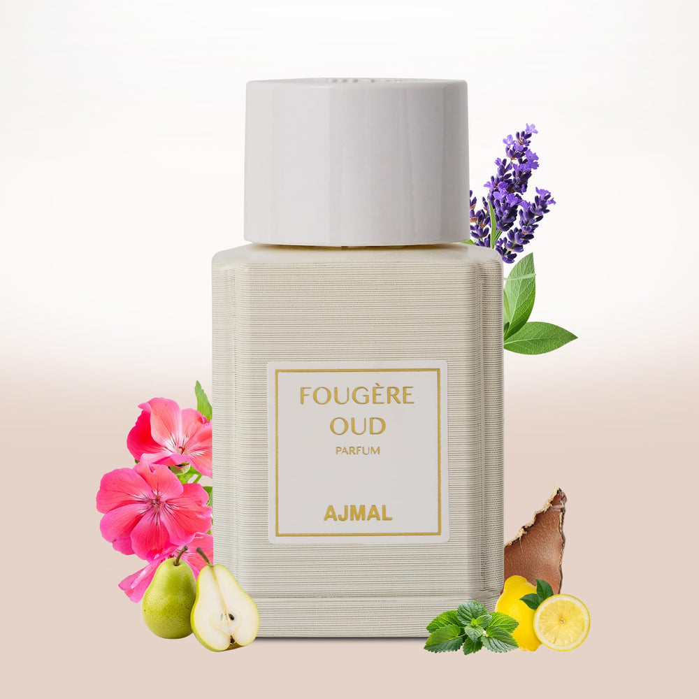 Ajmal Fougere Oud EDP bottle front highlights premium woody aroma for daily wear.
