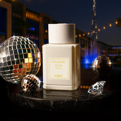 Ajmal Fougere Oud EDP cap detail shows precise luxury finish and build quality.