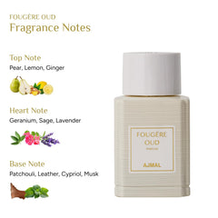Ajmal Fougere Oud EDP packaging box echoes luxury craftsmanship from France to Dubai.