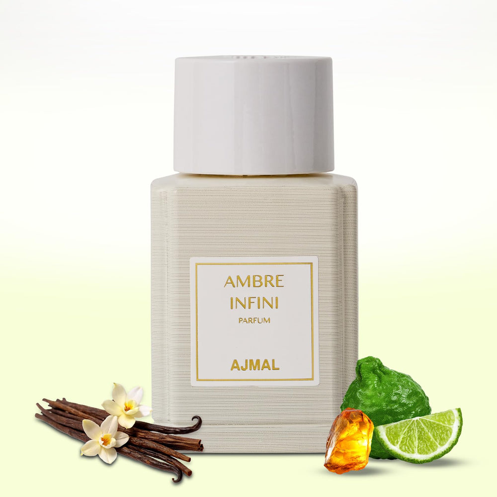 Ajmal Oud Marquis Ambre Infini bottle showcases unisex amber woody profile for daily wear.
