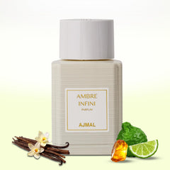 Ajmal Oud Marquis Ambre Infini bottle showcases unisex amber woody profile for daily wear.