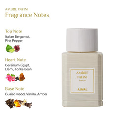 Ajmal Oud Marquis Ambre Infini front view emphasizes the elegant bottle design.