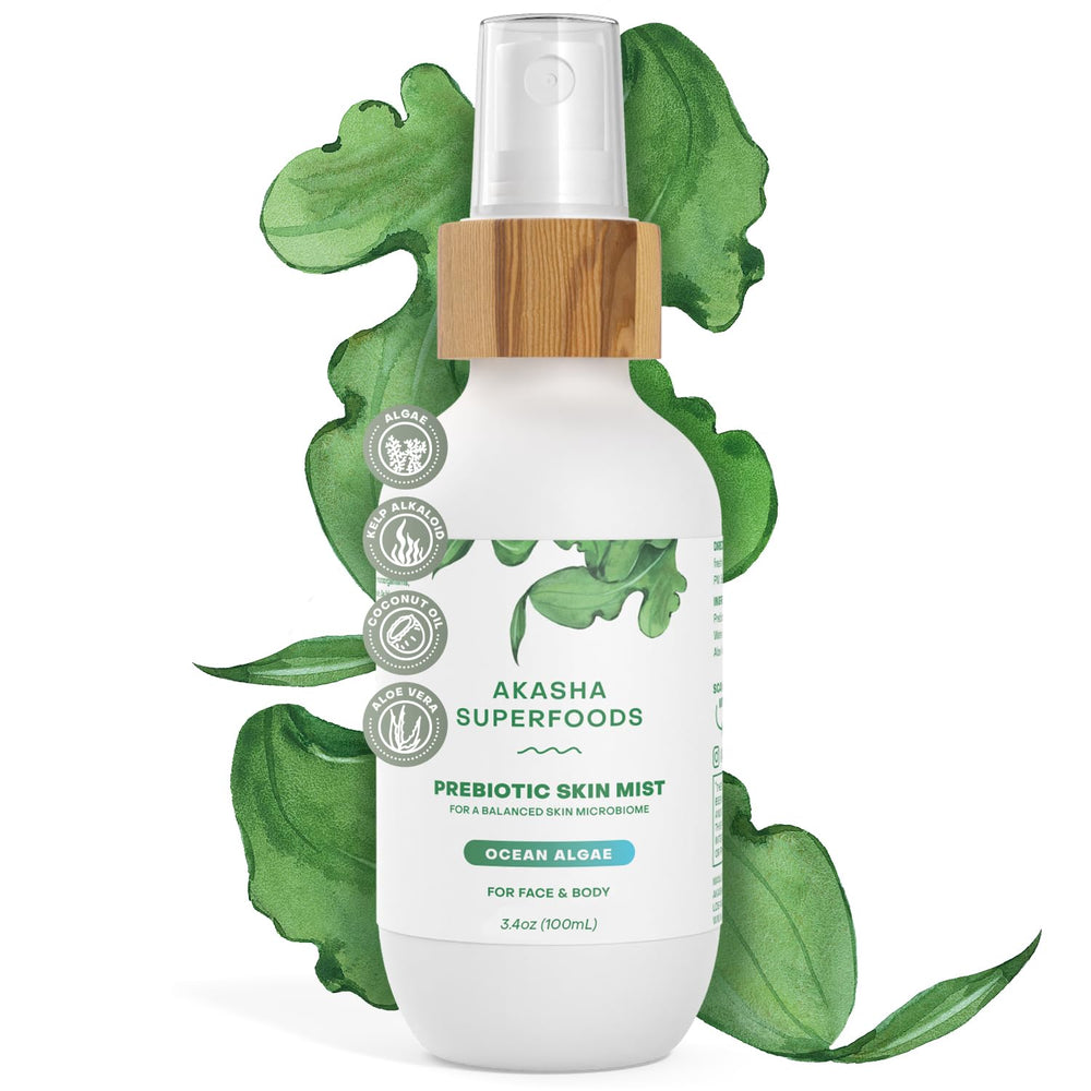 Akasha Prebiotic Skin Mist bottle delivering gentle hydration for daily balance.