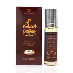 Al-Rehab French Coffee perfume oil bottle closeup showing rich cocoa and caramel.