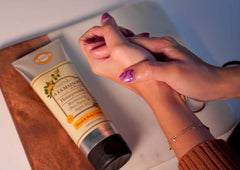 A LA MAISON honeysuckle lotion pump in use for quick hydration.