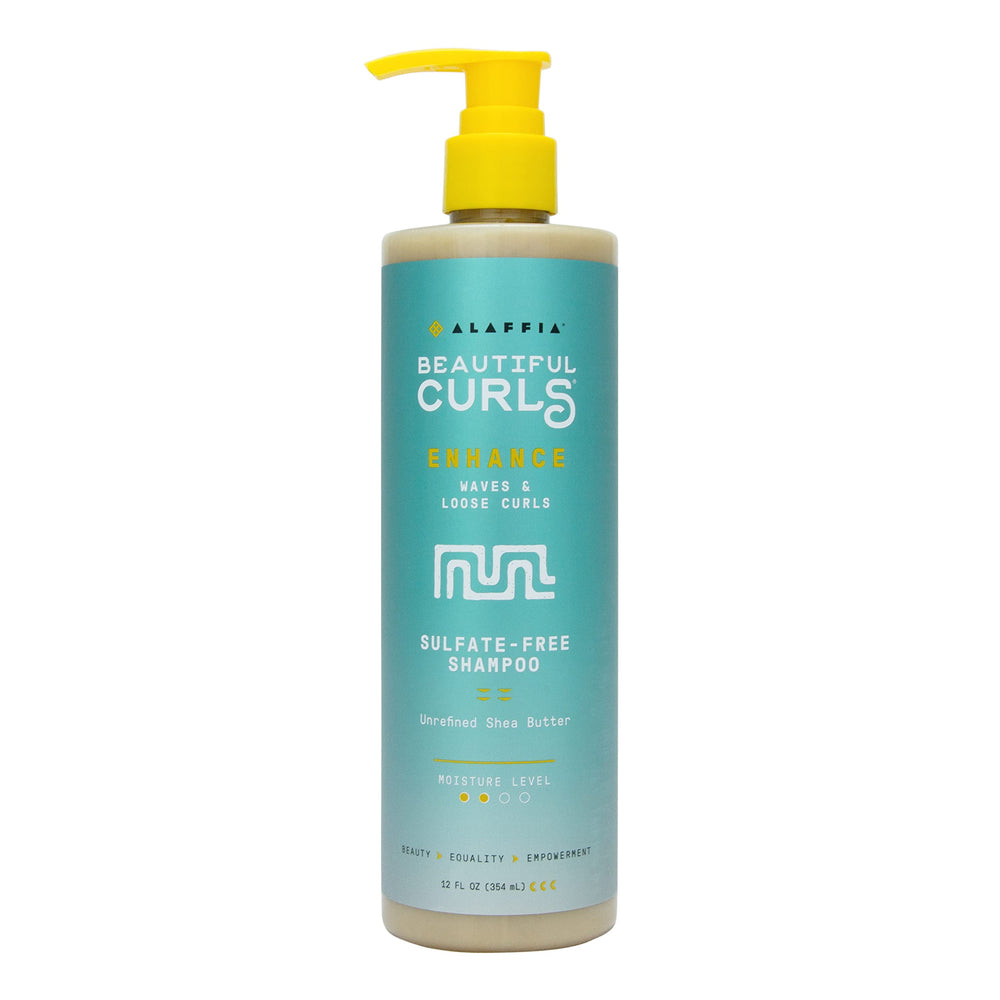 Alaffia Beautiful Curls shampoo bottle delivers sulfate-free moisture for curls.