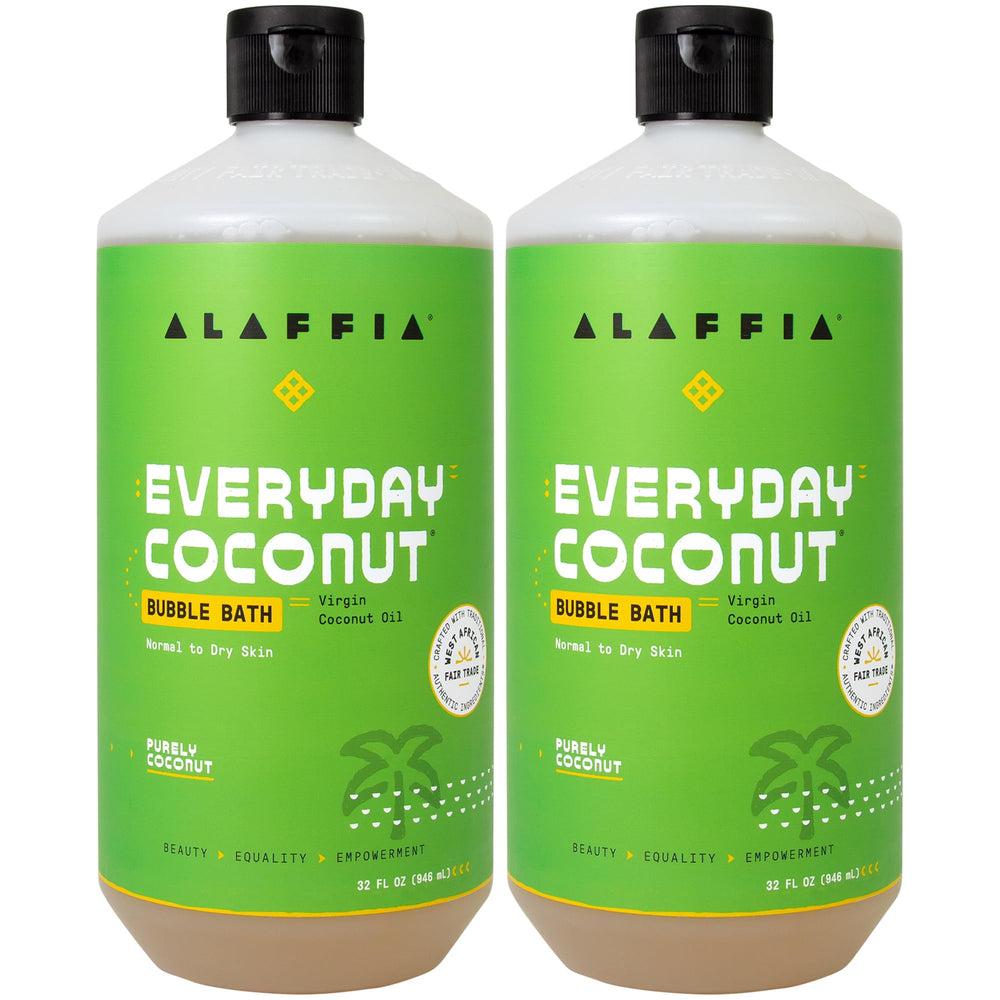 Alaffia Everyday Coconut Bubble Bath bottle with the Purely Coconut scent, gentle cleansing and moisturization for the skin.