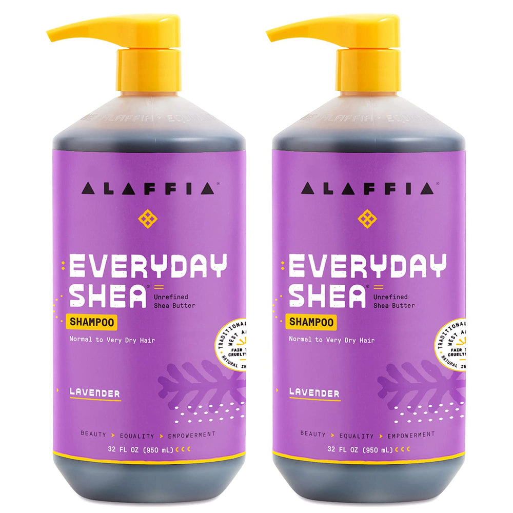 Alaffia EveryDay Shea Lavender Shampoo bottle showing gentle, sulfate-free cleansing.