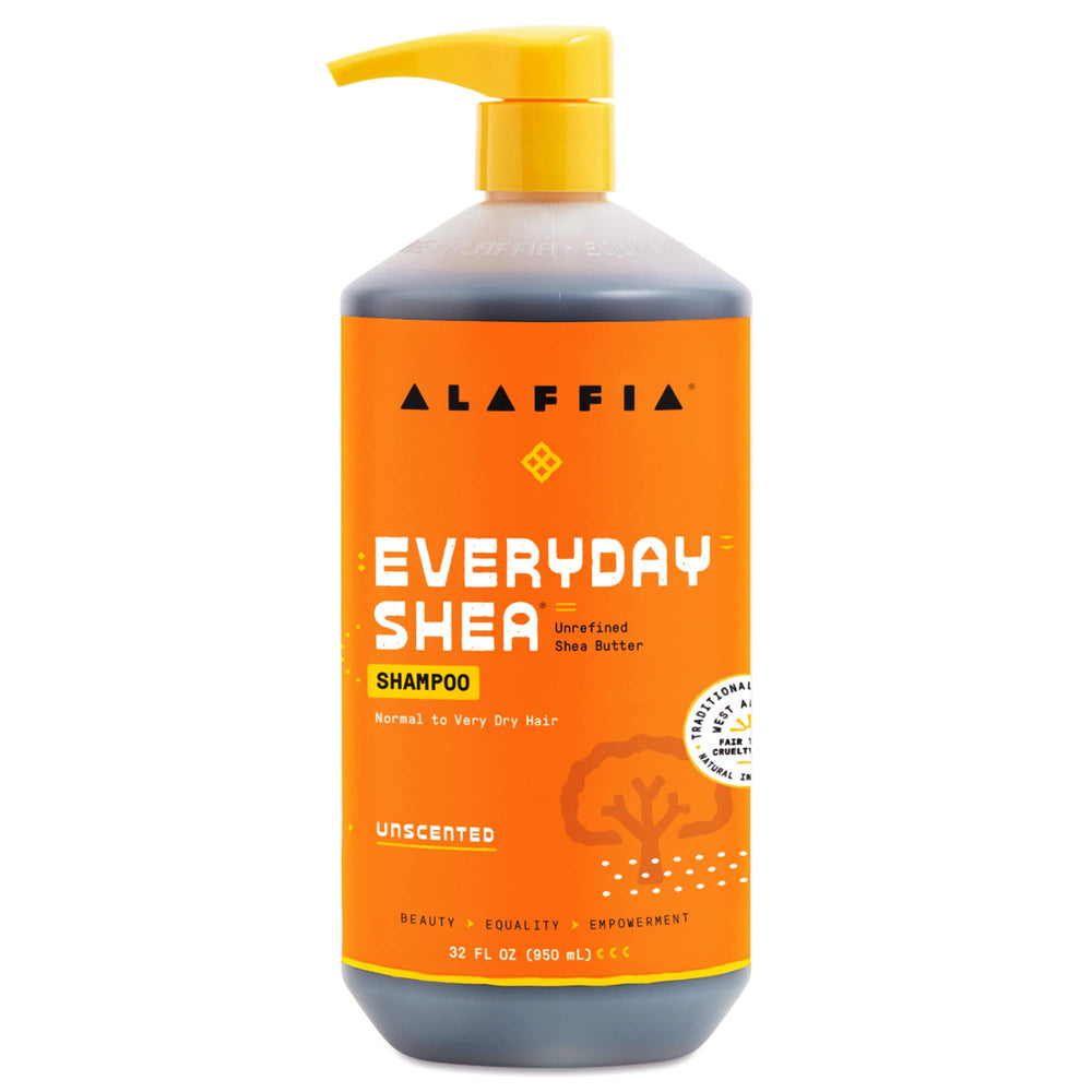 Alaffia EveryDay Shea Shampoo unscented bottle pour demonstrates gentle cleansing.