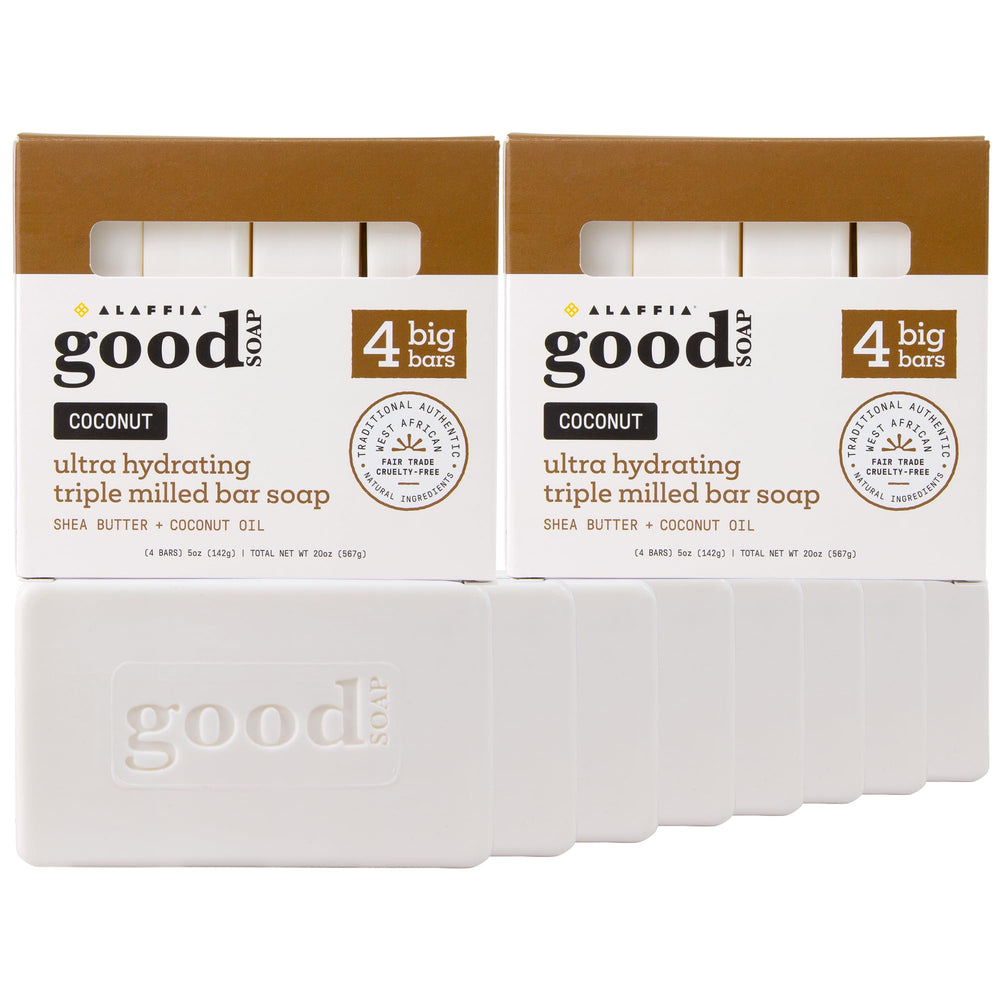 Alaffia Good Soap Coconut 8-bars pack delivers long-lasting moisturization for busy households.