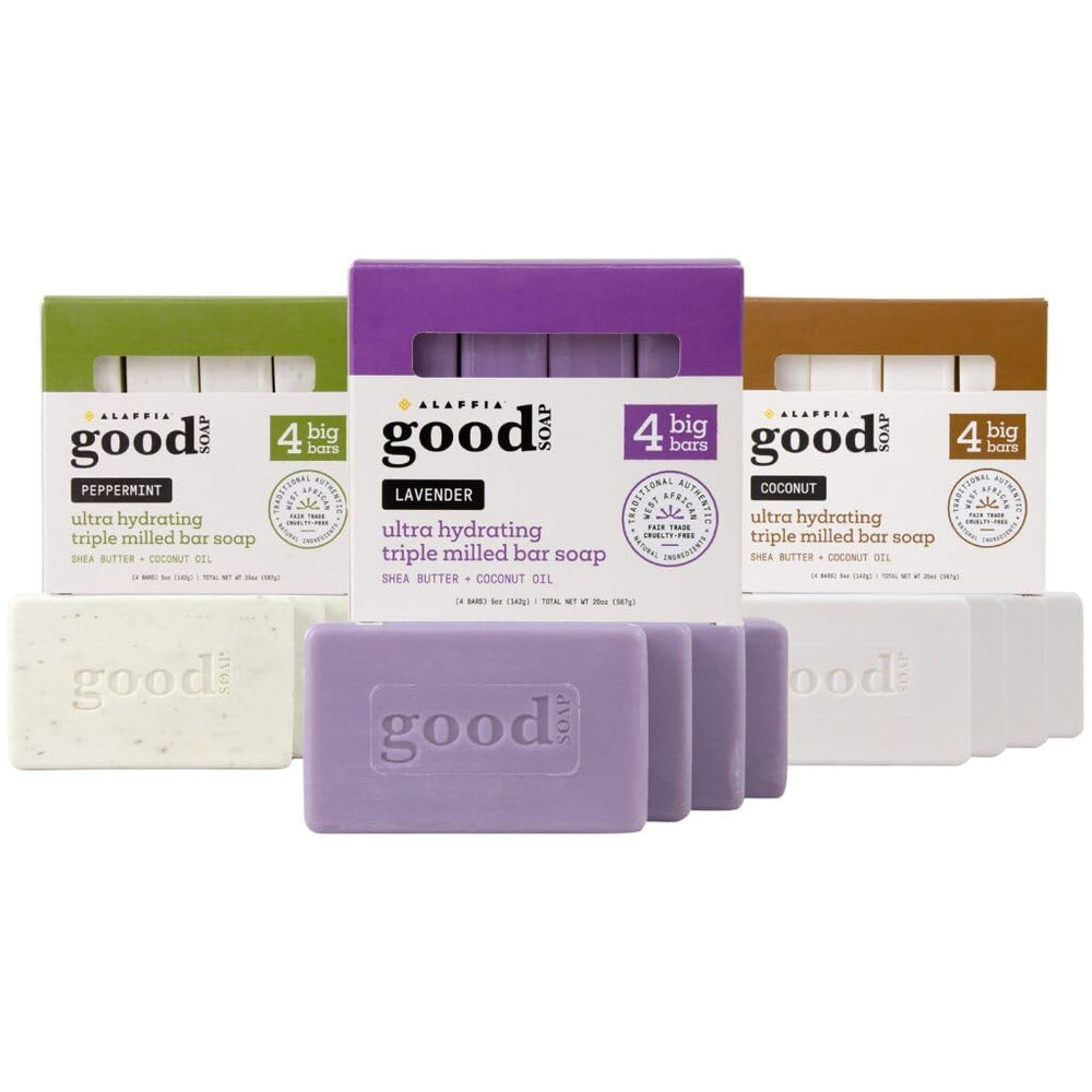 Alaffia Good Soap Lavender bars with soothing scent and rich lather for daily cleansing.