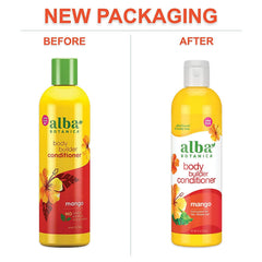 Alba Botanica Mango damp hair section illustrates root-to-tip volume