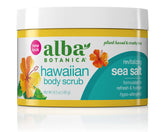Alba Botanica Hawaiian Body Scrub sea salt jar for exfoliation and hydration.