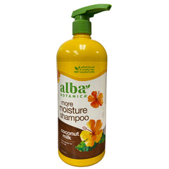 Alba Botanica More Moisture Shampoo coconut milk bottle delivering deep hydration.