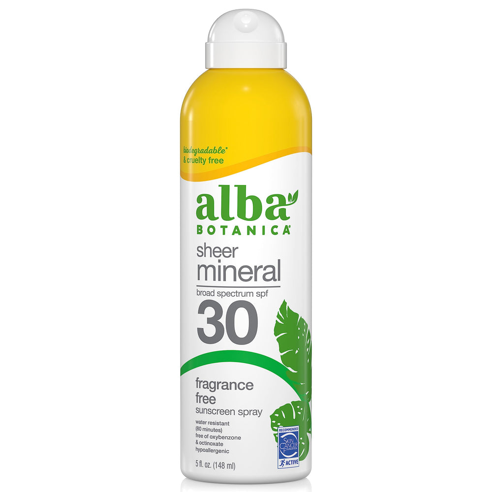 Alba Botanica Sheer Mineral Sunscreen Spray bottle for daily SPF 30 protection.
