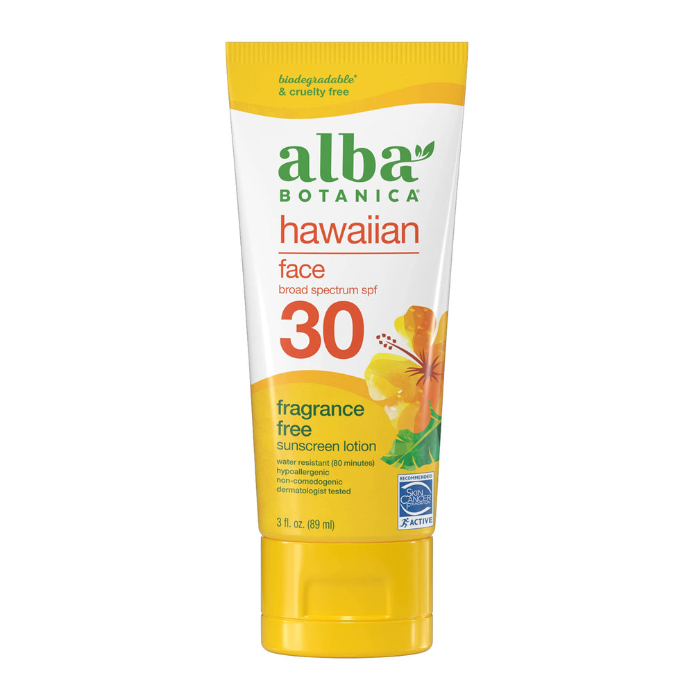 Alba Botanica fragrance-free SPF 30 face sunscreen bottle for daily protection.