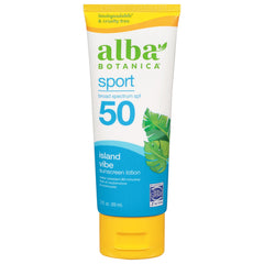 Alba Botanica Sunscreen Sport SPF 50 Island Vibe tube offers lightweight, non-greasy protection.