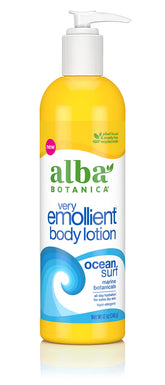 Alba Botanica Very Emollient Body Lotion Ocean Surf bottle delivers hydration and a fresh scent